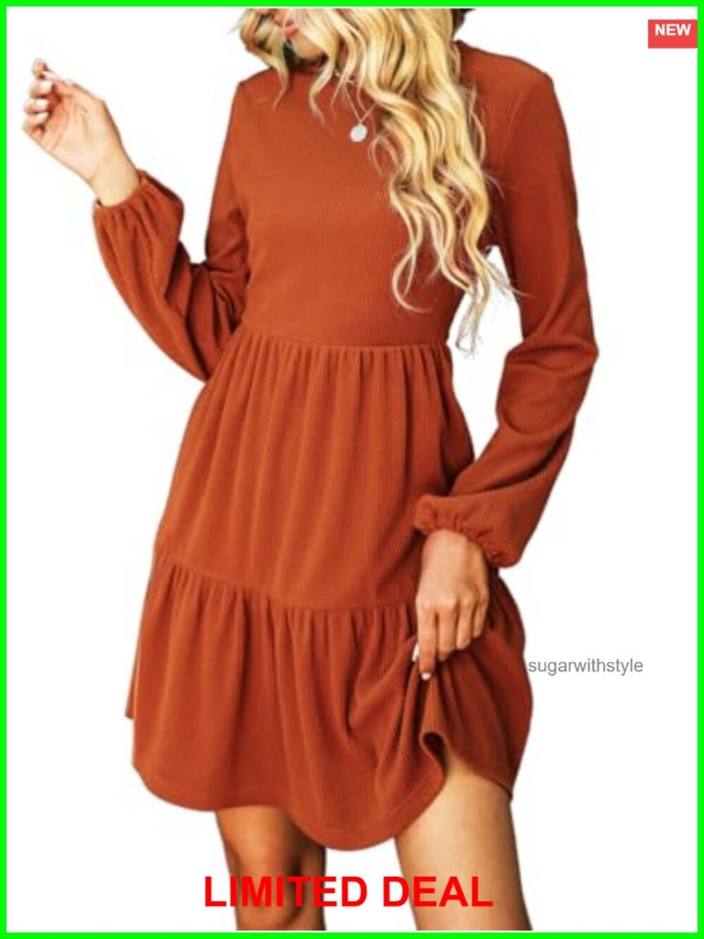 Knit Mini Dress Long Bishop Sleeve Crew Neck A-Line Tiered Feminine